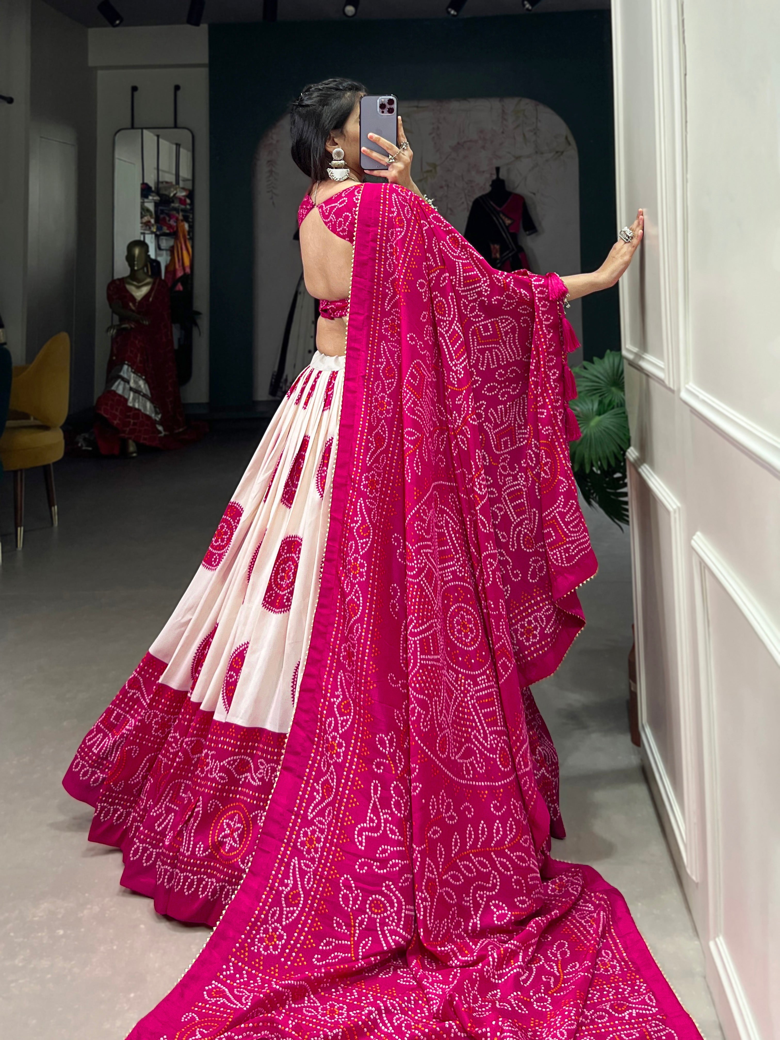 Lorenvalley Pink Artistry in Tussar Silk with Bandhej Print Lehenga Choli | Grocsy