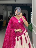 Lorenvalley Pink Artistry in Tussar Silk with Bandhej Print Lehenga Choli | Grocsy