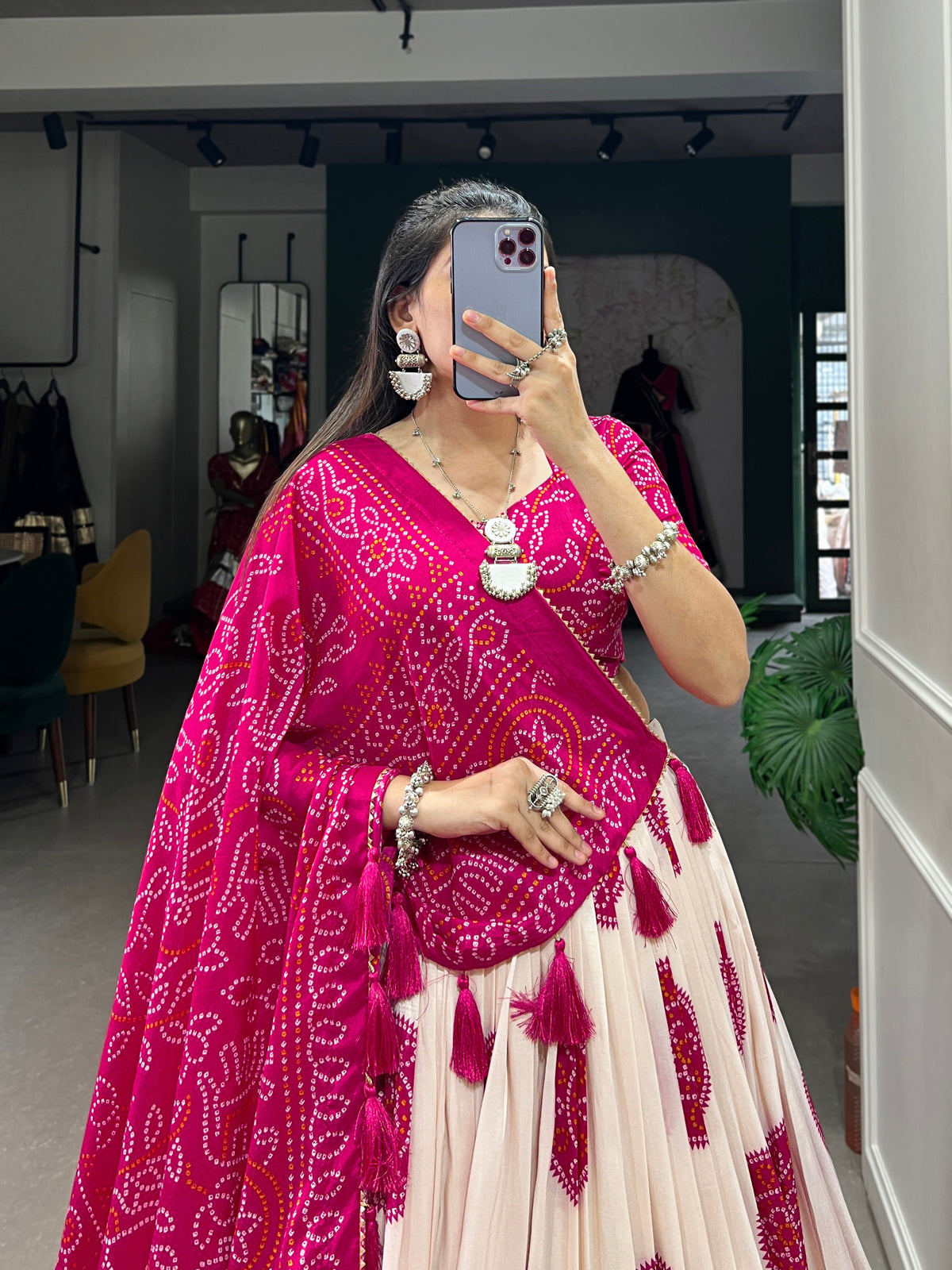 Lorenvalley Pink Artistry in Tussar Silk with Bandhej Print Lehenga Choli | Grocsy