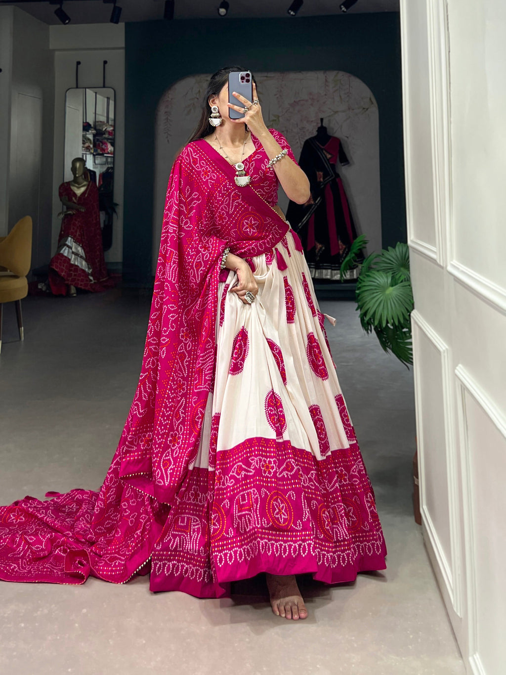Lorenvalley Pink Artistry in Tussar Silk with Bandhej Print Lehenga Choli | Grocsy