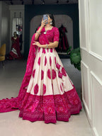 Lorenvalley Pink Artistry in Tussar Silk with Bandhej Print Lehenga Choli | Grocsy