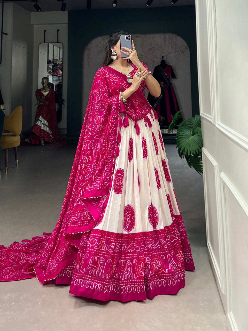 Lorenvalley Pink Artistry in Tussar Silk with Bandhej Print Lehenga Choli | Grocsy