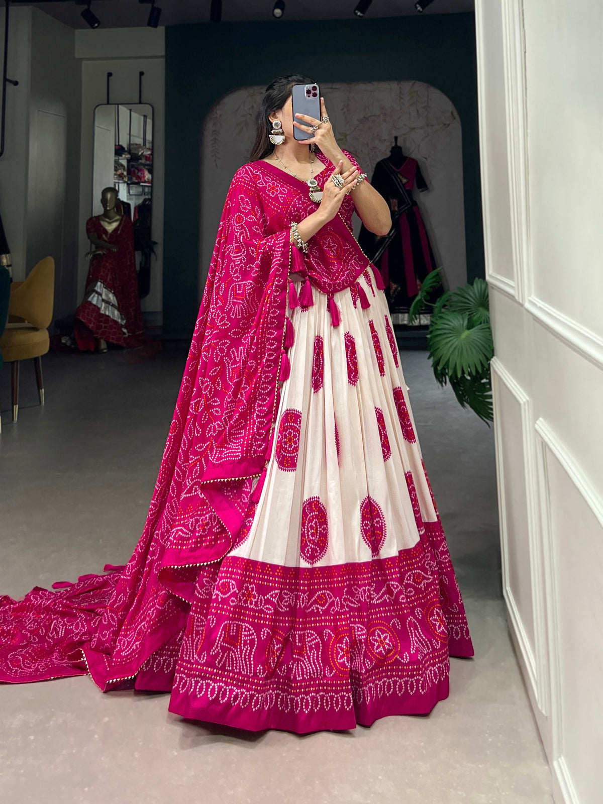 Lorenvalley Pink Artistry in Tussar Silk with Bandhej Print Lehenga Choli | Grocsy