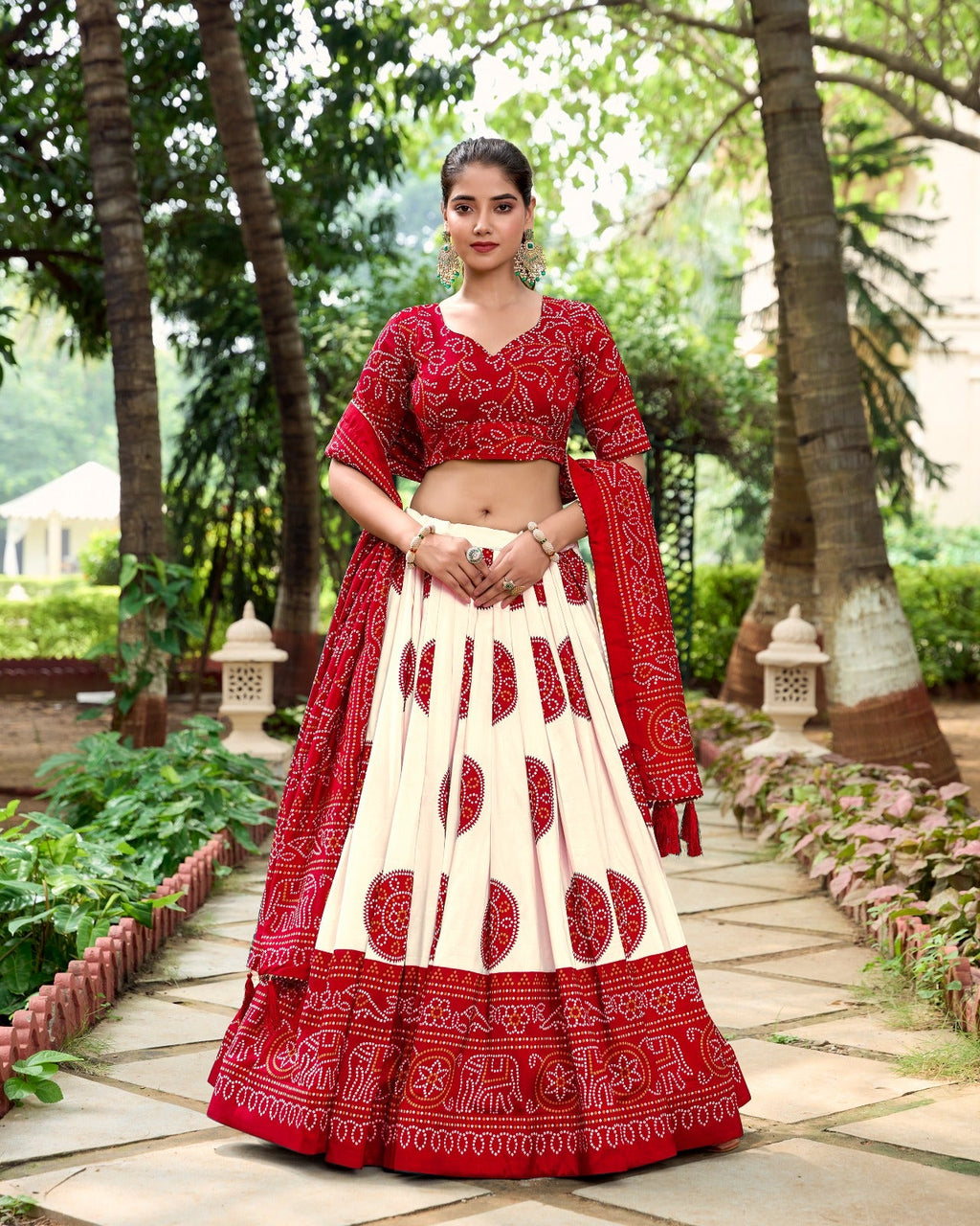 Lorenvalley Red Artistry in Tussar Silk with Bandhej Print Lehenga Choli | Grocsy