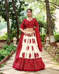 Lorenvalley Red Artistry in Tussar Silk with Bandhej Print Lehenga Choli | Grocsy