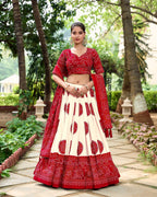 Lorenvalley Red Artistry in Tussar Silk with Bandhej Print Lehenga Choli | Grocsy