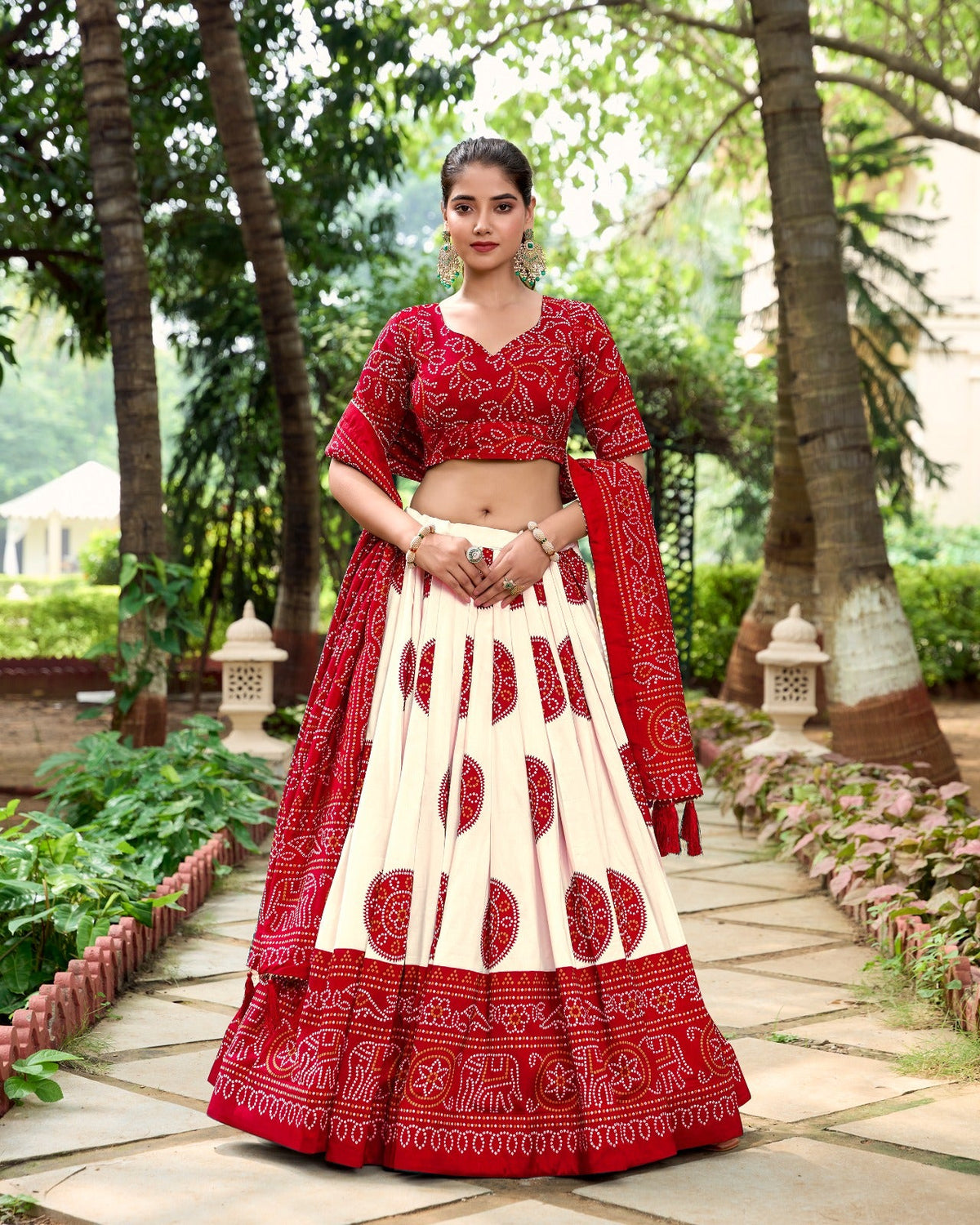 Lorenvalley Red Artistry in Tussar Silk with Bandhej Print Lehenga Choli | Grocsy