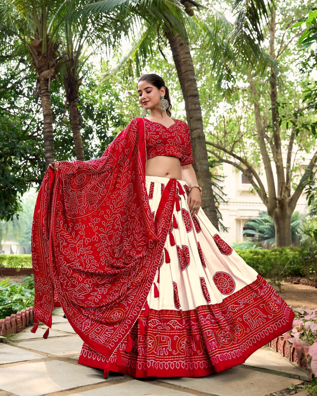 Lorenvalley Red Artistry in Tussar Silk with Bandhej Print Lehenga Choli | Grocsy