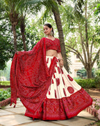 Lorenvalley Red Artistry in Tussar Silk with Bandhej Print Lehenga Choli | Grocsy