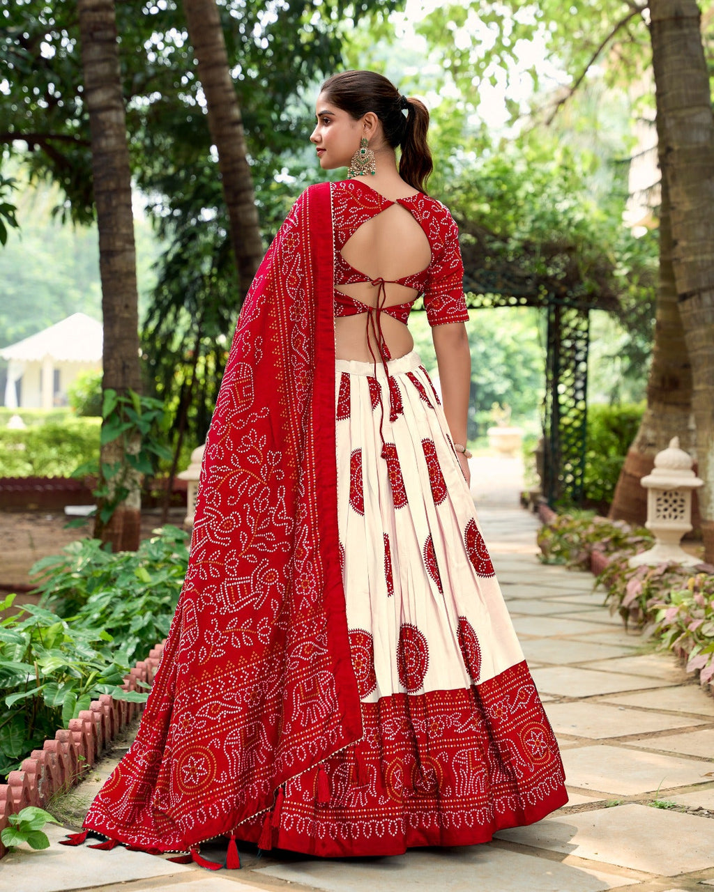 Lorenvalley Red Artistry in Tussar Silk with Bandhej Print Lehenga Choli | Grocsy