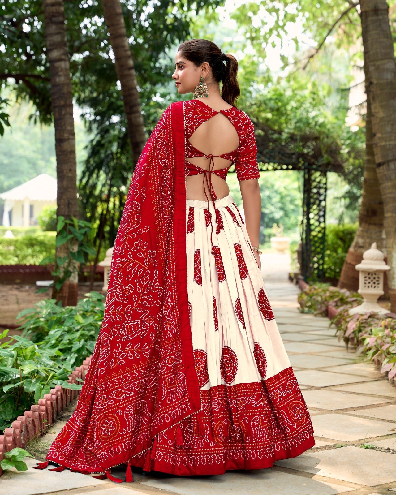 Lorenvalley Red Artistry in Tussar Silk with Bandhej Print Lehenga Choli | Grocsy