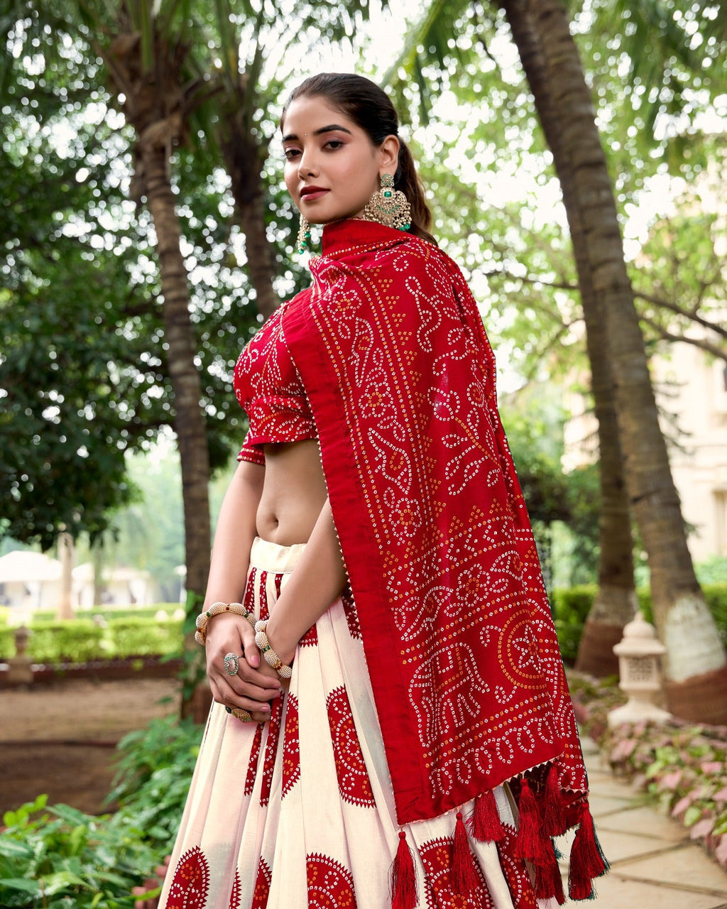 Lorenvalley Red Artistry in Tussar Silk with Bandhej Print Lehenga Choli | Grocsy