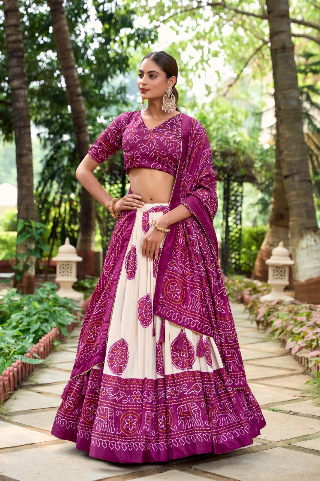 Lorenvalley Wine Artistry in Tussar Silk with Bandhej Print Lehenga Choli | Grocsy
