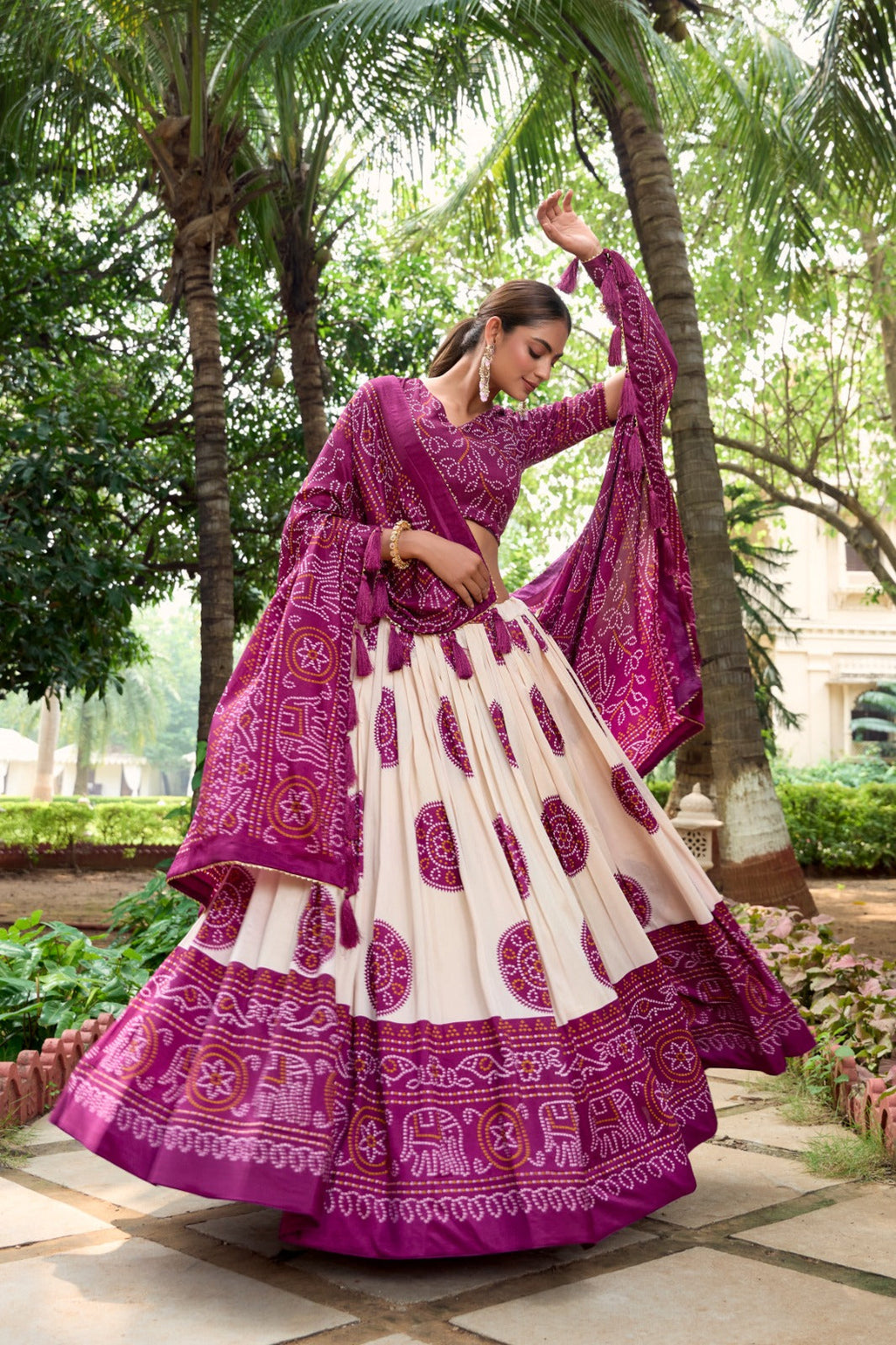 Lorenvalley Wine Artistry in Tussar Silk with Bandhej Print Lehenga Choli | Grocsy