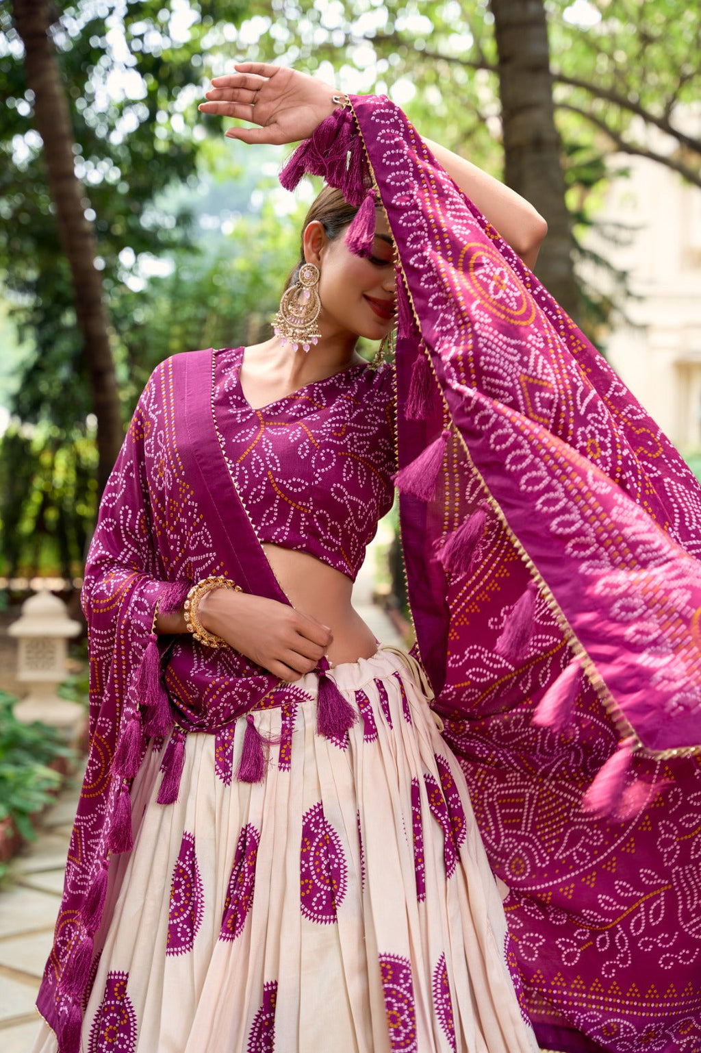 Lorenvalley Wine Artistry in Tussar Silk with Bandhej Print Lehenga Choli | Grocsy