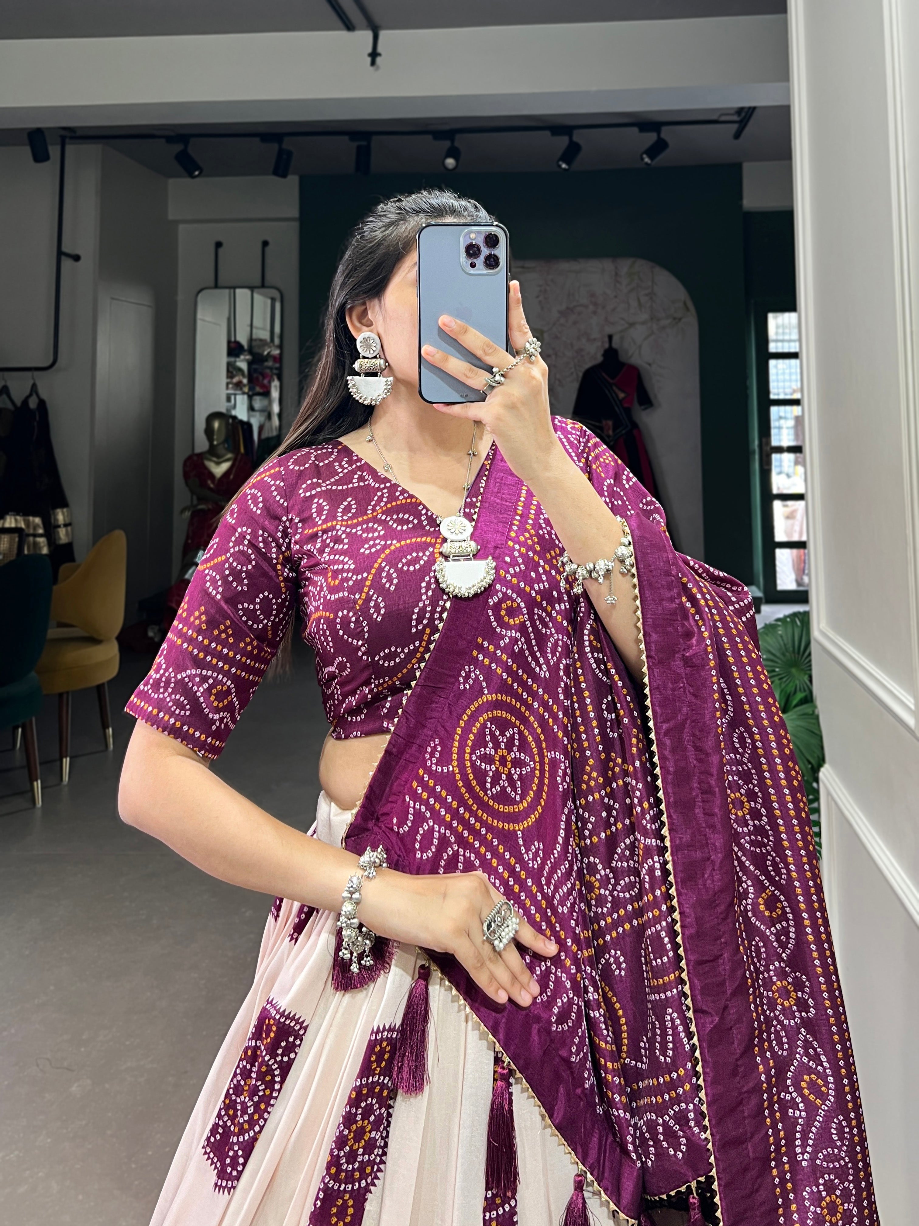 Lorenvalley Wine Artistry in Tussar Silk with Bandhej Print Lehenga Choli | Grocsy
