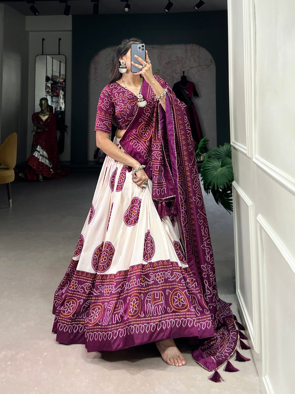 Lorenvalley Wine Artistry in Tussar Silk with Bandhej Print Lehenga Choli | Grocsy