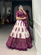 Lorenvalley Wine Artistry in Tussar Silk with Bandhej Print Lehenga Choli | Grocsy