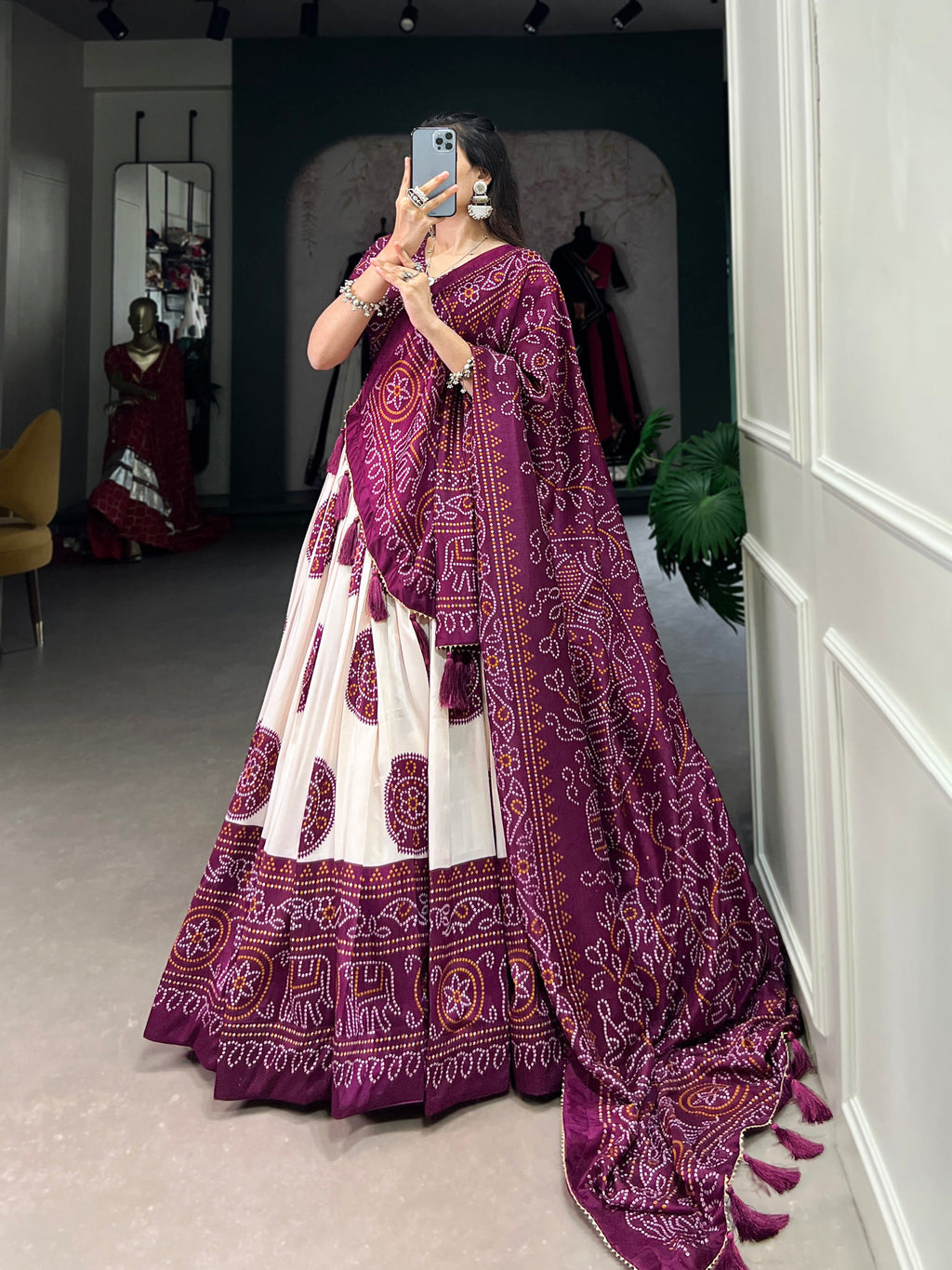 Lorenvalley Wine Artistry in Tussar Silk with Bandhej Print Lehenga Choli | Grocsy
