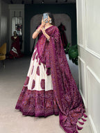 Lorenvalley Wine Artistry in Tussar Silk with Bandhej Print Lehenga Choli | Grocsy