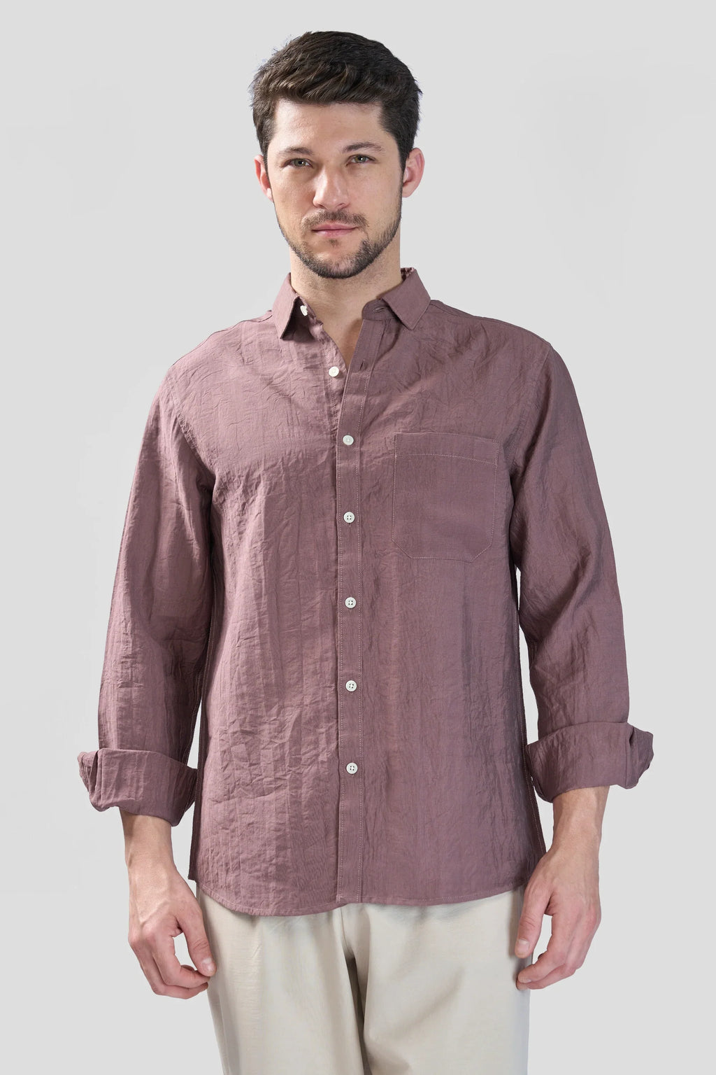 Xkind Brown Crush Wrinkled Look Regular Fit Shirt | Grocsy