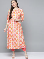 HERE&NOW Women Orange & White Ethnic Motifs Printed Kurta | Grocsy