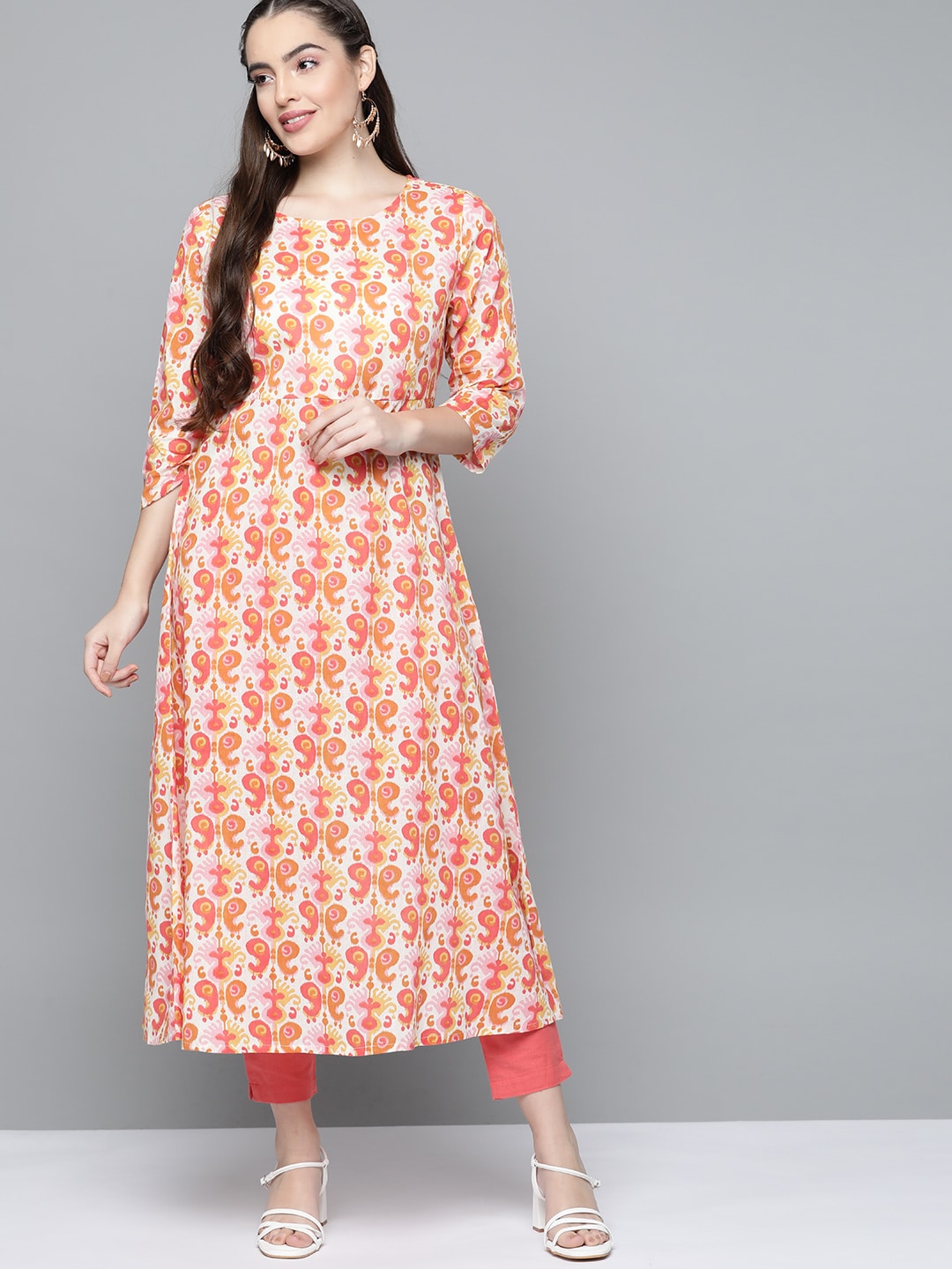 HERE&NOW Women Orange & White Ethnic Motifs Printed Kurta | Grocsy