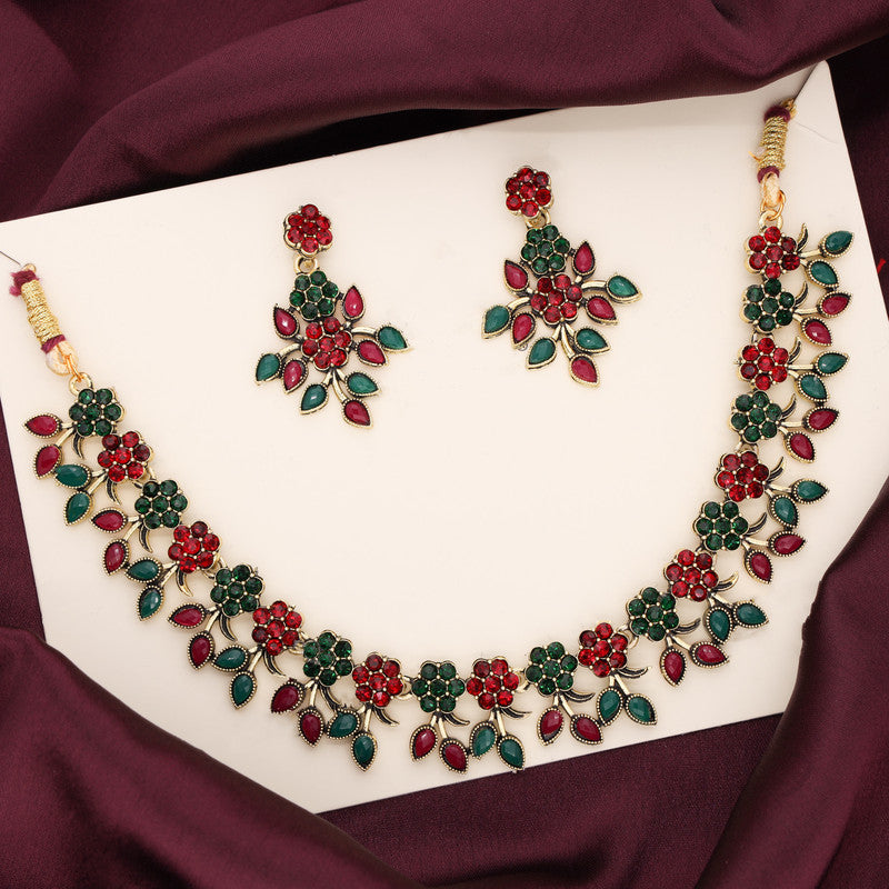 Tehzeeb Creations Green And Maroon Pack of 1 Gold-Polished Choker Necklace Set With Earring For Women & Girls | Grocsy