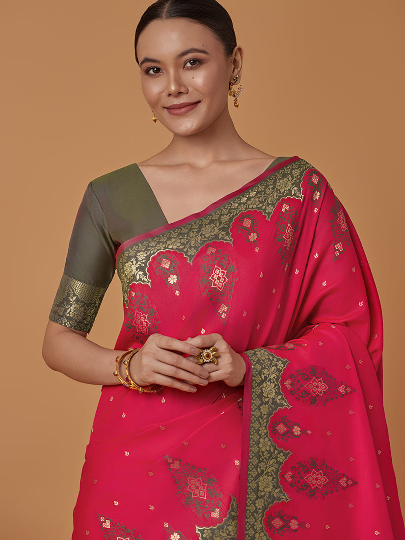 Monjolika Fashion Pink Banarasi Silk Blend SareeWith Zari Woven Rich Brocade Design | Grocsy