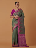 Monjolika Fashion Olive Banarasi Silk Blend SareeWith Zari Woven Rich Brocade Design | Grocsy