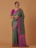Monjolika Fashion Olive Banarasi Silk Blend SareeWith Zari Woven Rich Brocade Design | Grocsy