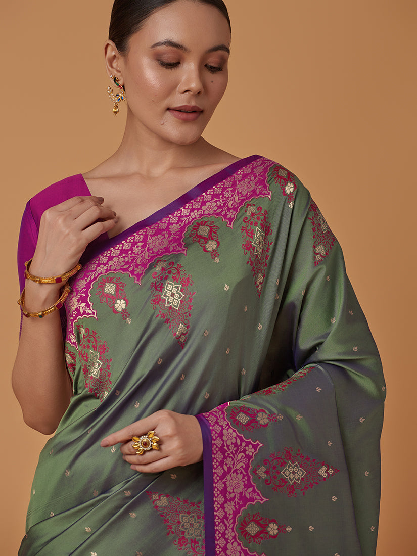Monjolika Fashion Olive Banarasi Silk Blend SareeWith Zari Woven Rich Brocade Design | Grocsy