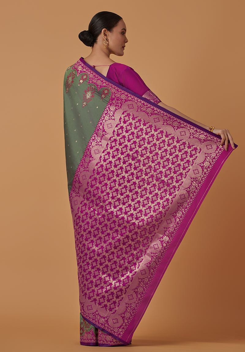 Monjolika Fashion Olive Banarasi Silk Blend SareeWith Zari Woven Rich Brocade Design | Grocsy