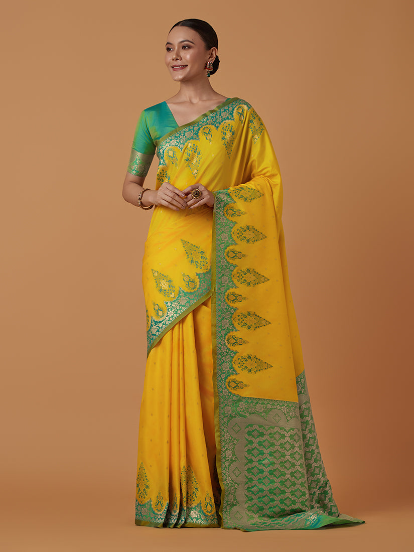 Monjolika Fashion Yellow Banarasi Silk Blend SareeWith Zari Woven Rich Brocade Design | Grocsy