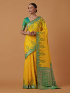 Monjolika Fashion Yellow Banarasi Silk Blend SareeWith Zari Woven Rich Brocade Design | Grocsy