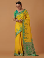 Monjolika Fashion Yellow Banarasi Silk Blend SareeWith Zari Woven Rich Brocade Design | Grocsy