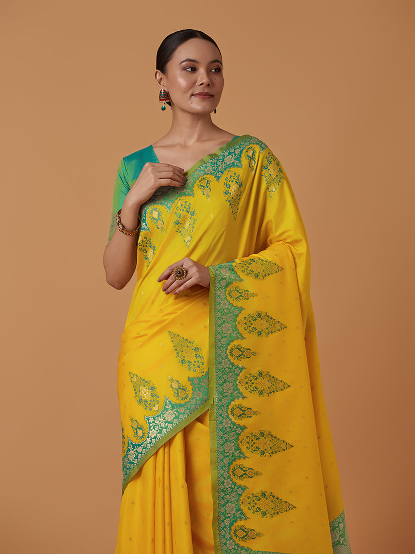 Monjolika Fashion Yellow Banarasi Silk Blend SareeWith Zari Woven Rich Brocade Design | Grocsy