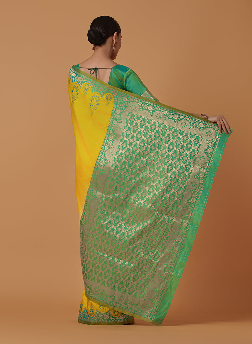 Monjolika Fashion Yellow Banarasi Silk Blend SareeWith Zari Woven Rich Brocade Design | Grocsy