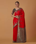 Monjolika Fashion Red Banarasi Silk Blend SareeWith Zari Woven Rich Brocade Design | Grocsy