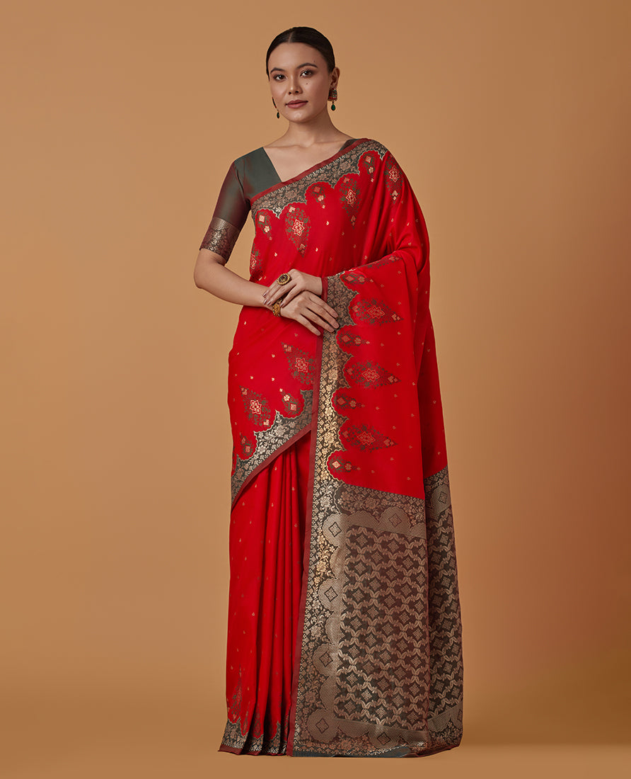 Monjolika Fashion Red Banarasi Silk Blend SareeWith Zari Woven Rich Brocade Design | Grocsy