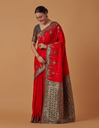 Monjolika Fashion Red Banarasi Silk Blend SareeWith Zari Woven Rich Brocade Design | Grocsy