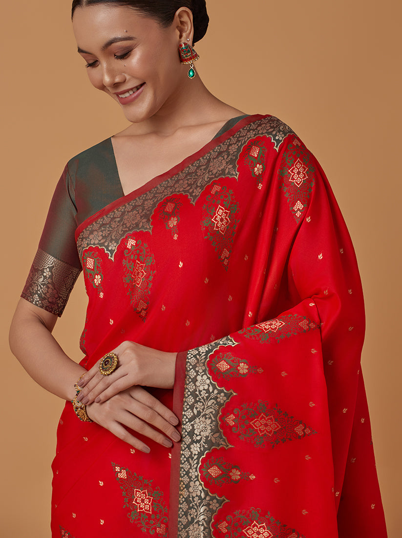 Monjolika Fashion Red Banarasi Silk Blend SareeWith Zari Woven Rich Brocade Design | Grocsy
