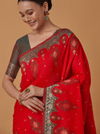 Monjolika Fashion Red Banarasi Silk Blend SareeWith Zari Woven Rich Brocade Design | Grocsy