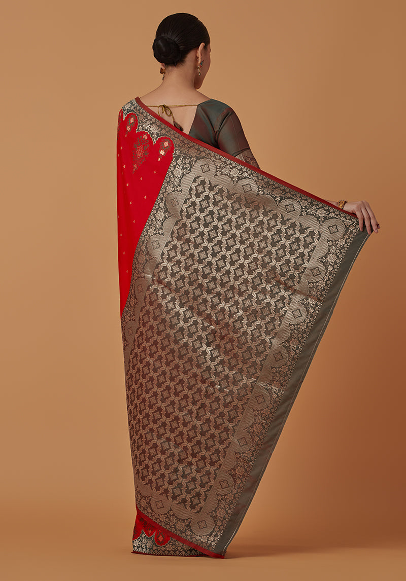 Monjolika Fashion Red Banarasi Silk Blend SareeWith Zari Woven Rich Brocade Design | Grocsy