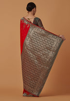 Monjolika Fashion Red Banarasi Silk Blend SareeWith Zari Woven Rich Brocade Design | Grocsy