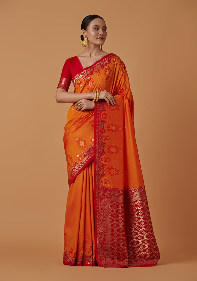 Monjolika Fashion Amber Banarasi Silk Blend SareeWith Zari Woven Rich Brocade Design | Grocsy