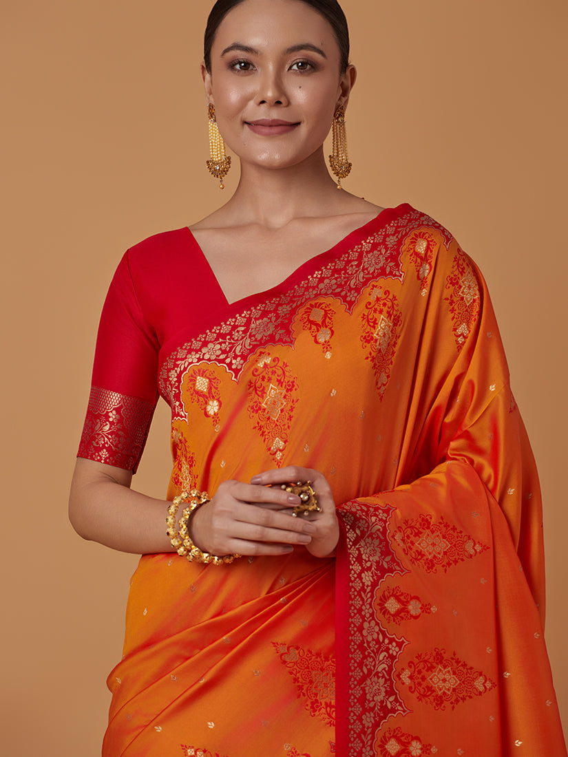 Monjolika Fashion Amber Banarasi Silk Blend SareeWith Zari Woven Rich Brocade Design | Grocsy