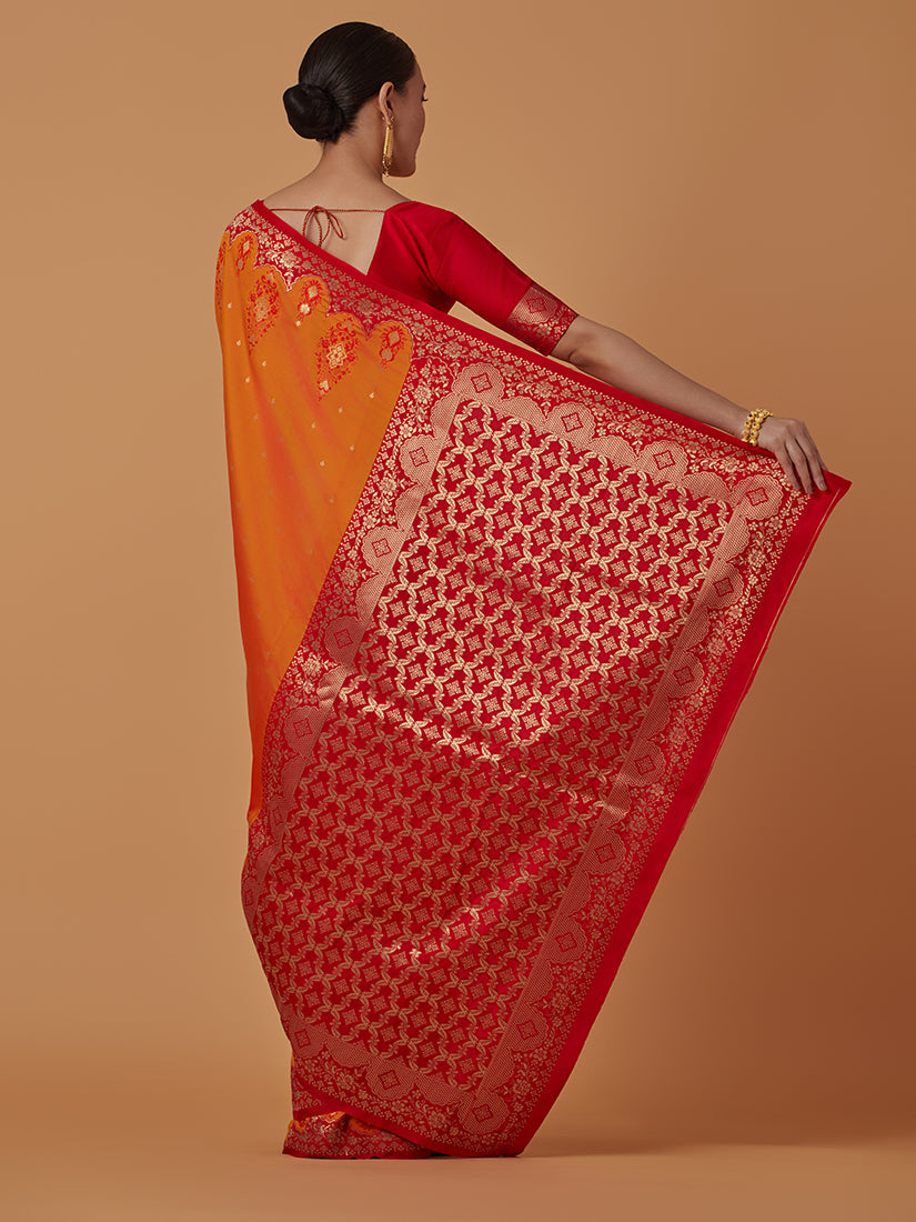 Monjolika Fashion Amber Banarasi Silk Blend SareeWith Zari Woven Rich Brocade Design | Grocsy