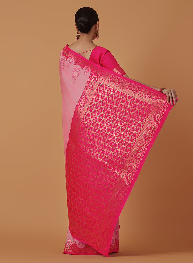 Monjolika Fashion Light Pink Banarasi Silk Blend SareeWith Zari Woven Rich Brocade Design | Grocsy