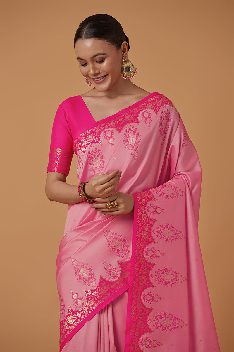 Monjolika Fashion Light Pink Banarasi Silk Blend SareeWith Zari Woven Rich Brocade Design | Grocsy